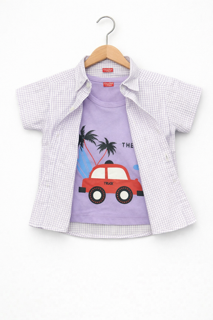 Lavender Check Car Printed Layered Casual Shirt 202