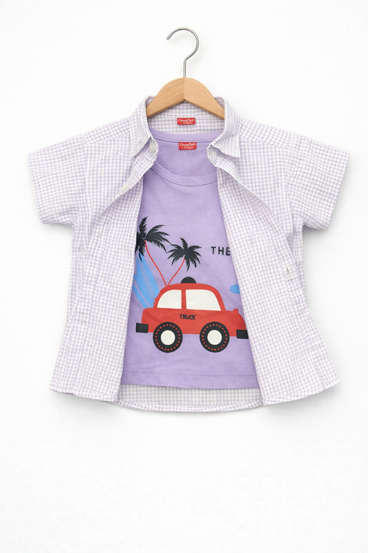 Lavender Check Car Printed Layered Casual Shirt 202