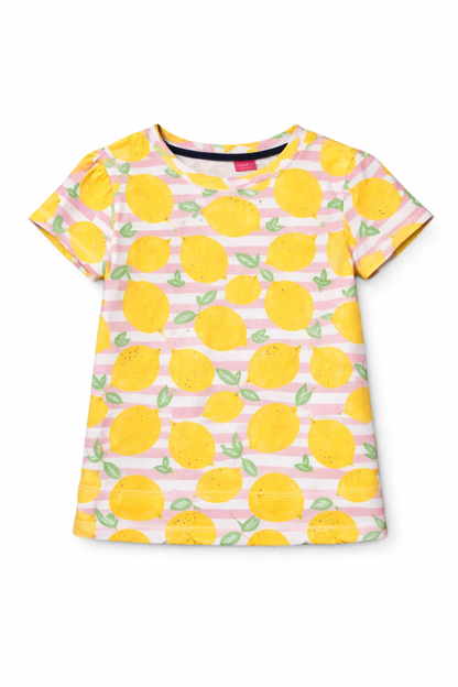 Girls white cotton t-shirt with yellow lemon allover print and pink stripe pattern, Pakistan casual summer Kidswear 