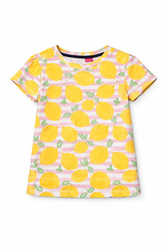 Girls white cotton t-shirt with yellow lemon allover print and pink stripe pattern, Pakistan casual summer Kidswear 