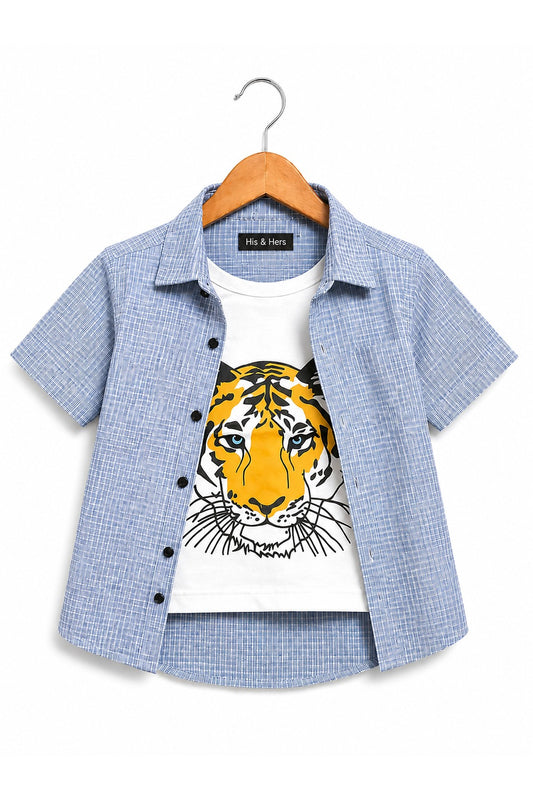 Light blue layered shirt set for boys with tiger graphic tee.
