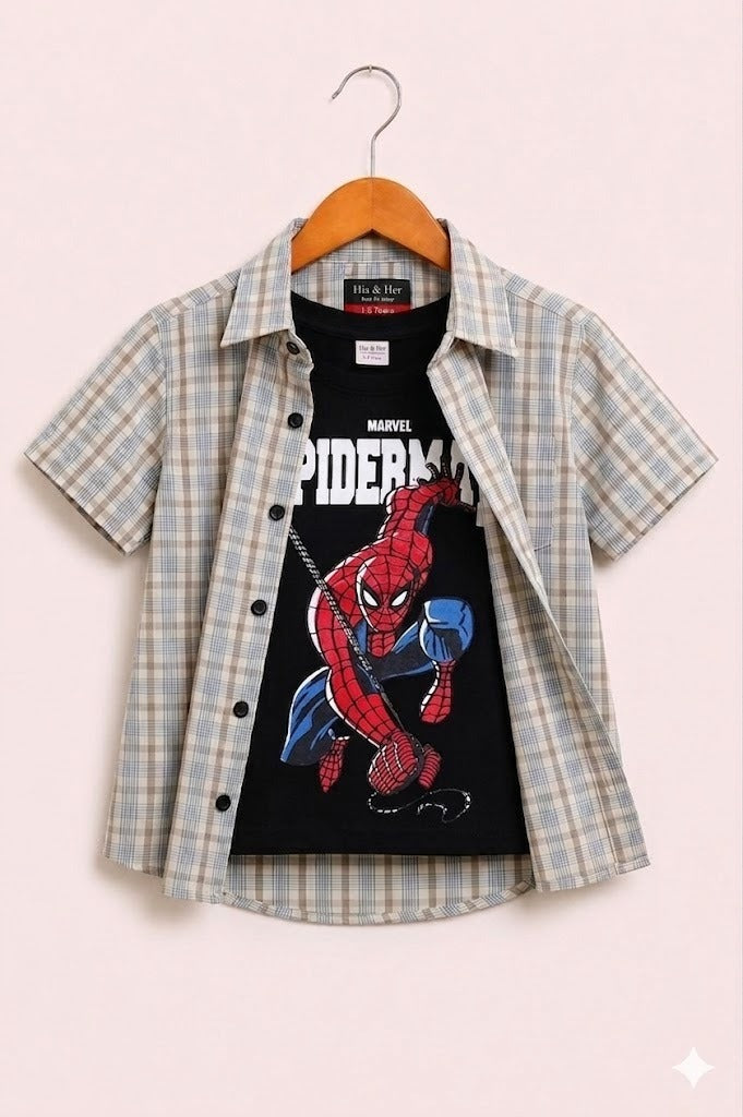 Light Brown Checked Spiderman Printed Layered Casual Shirt 219