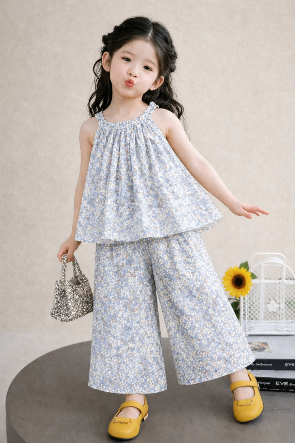 Girls light blue floral cotton sleeveless top with pants kids outfit Pakistan