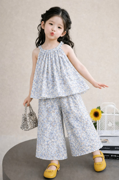 Girls light blue floral cotton sleeveless top with pants kids outfit Pakistan