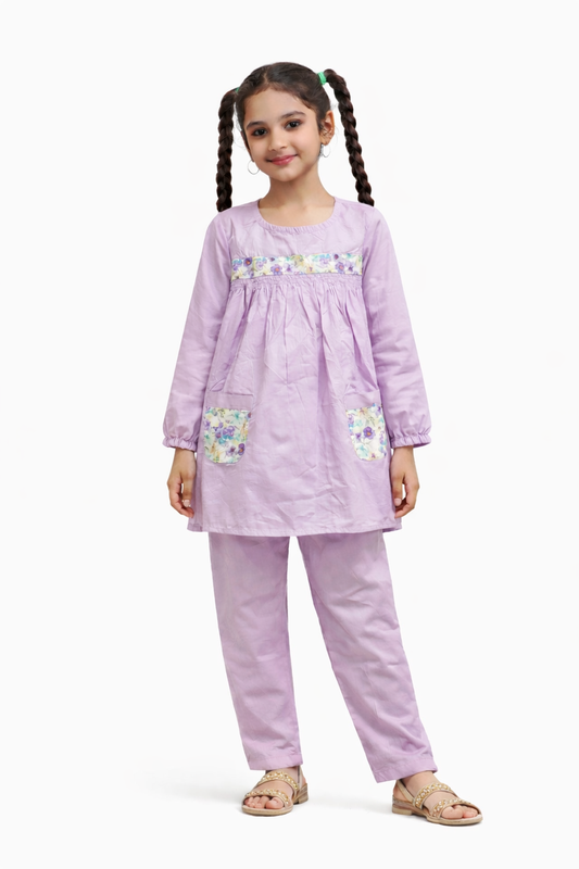 Lilac cotton 2-piece outfit for girls with long top and straight pants, studio background Pakistan
