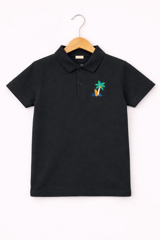 Little Beach Palm Printed Black   Polo Shirt Boys 286
