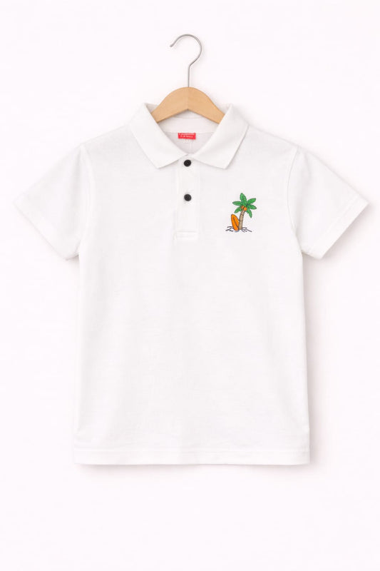 Little Beach Palm Printed White  Polo Shirt Boys 257