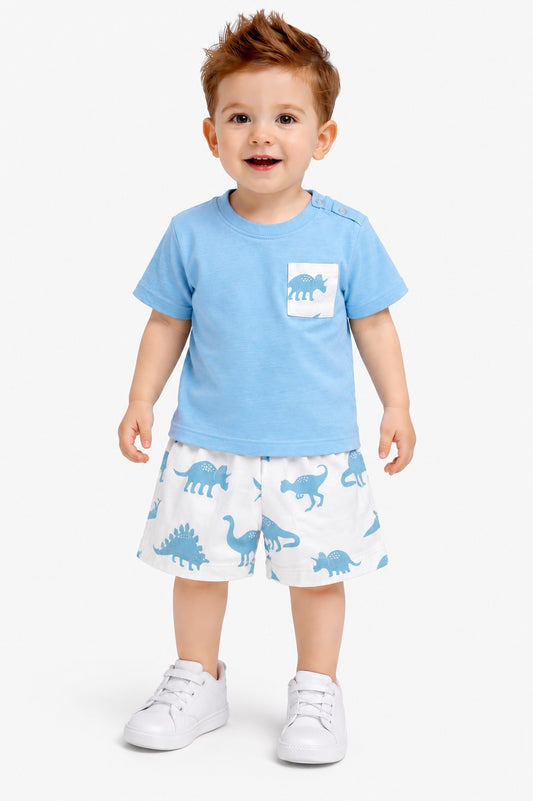 Little Dino Printed Sky Blue New Born  Nicker Suit 623