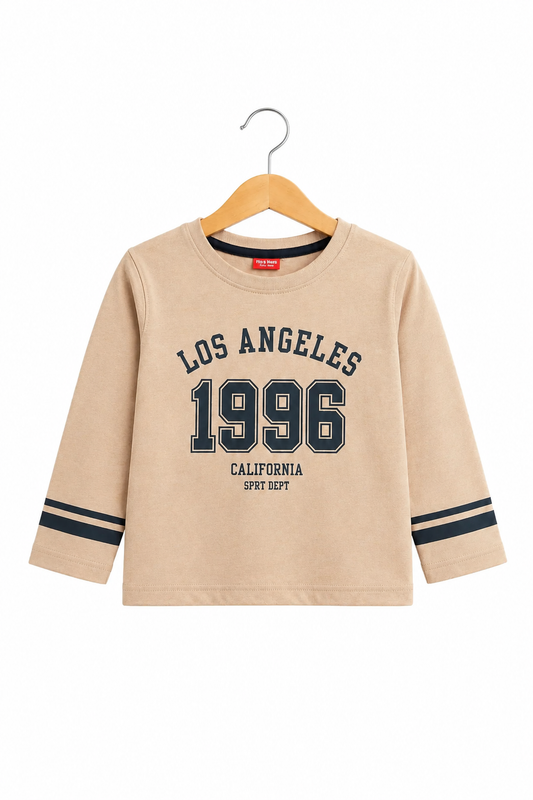 Beige Boys Full Sleeve Graphic T-Shirt in Soft Cotton Jersey Fabric for Kids | Pakistan