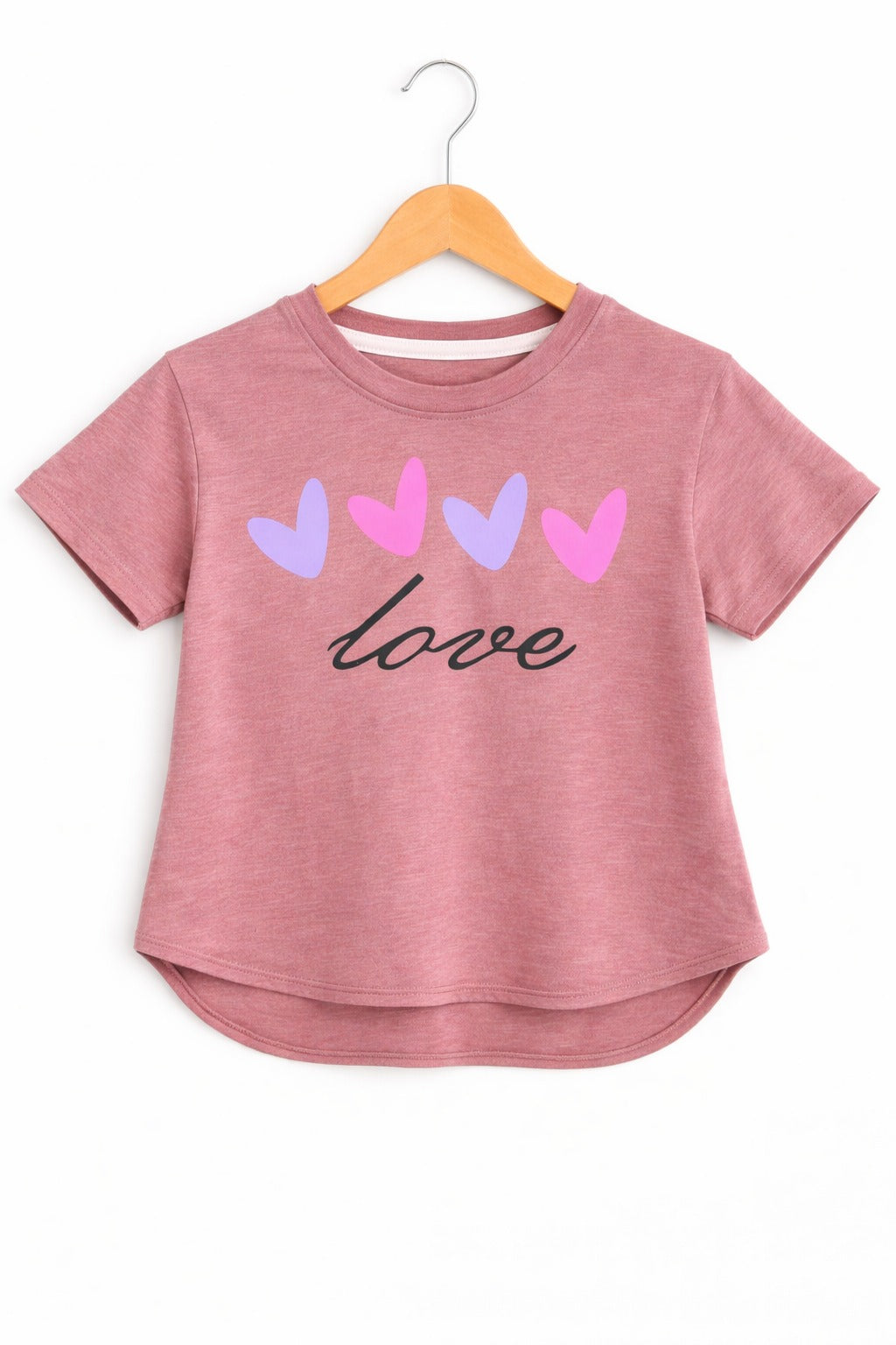 Girls dusty pink cotton t-shirt with colorful heart and “Love” graphic print, Pakistan casual summer Kidswear 
