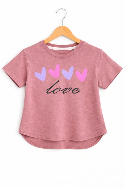 Girls dusty pink cotton t-shirt with colorful heart and “Love” graphic print, Pakistan casual summer Kidswear 

