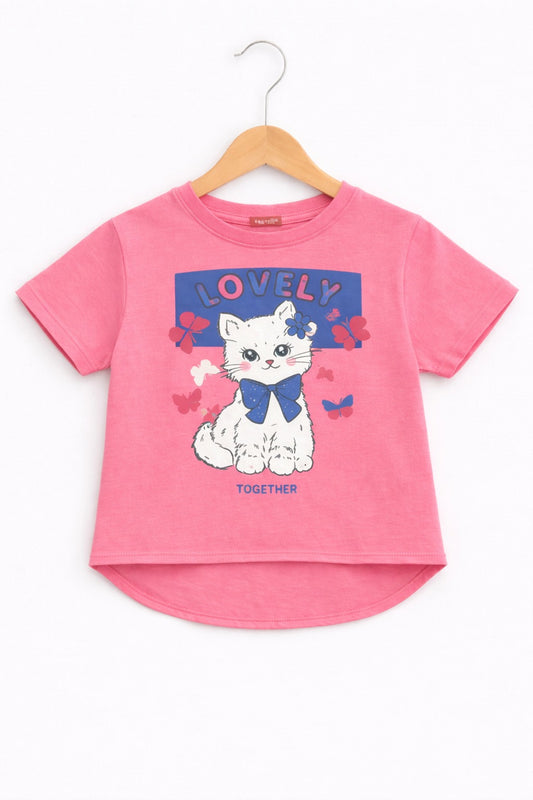Girls pink cotton t-shirt with lovely cat graphic print and butterfly design, Pakistan casual summer Kidswear 
