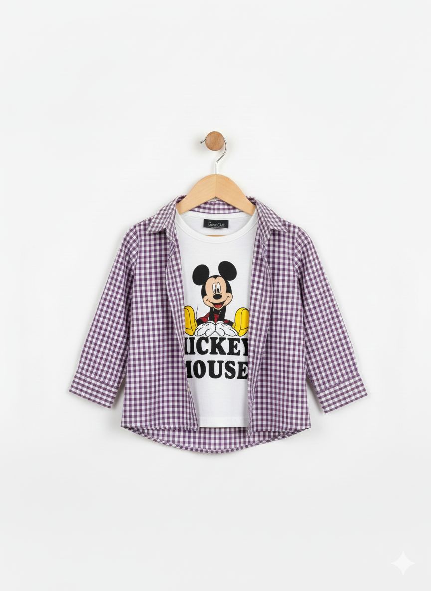 Mickey Mouse Printed Layered Casual Shirt-Purple Check 211