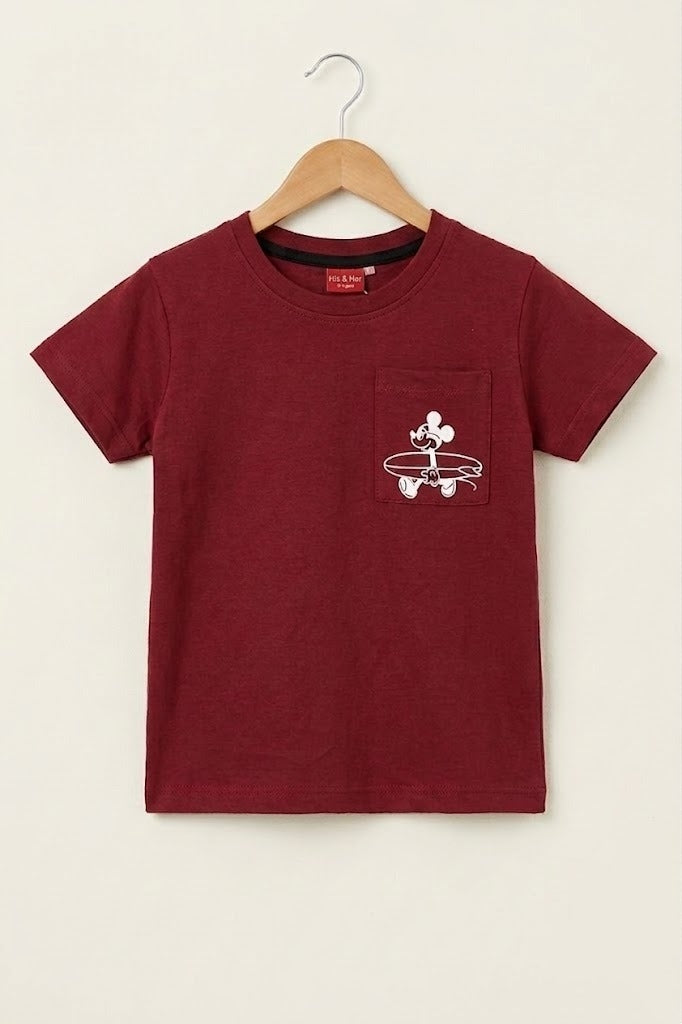 Mickey Mouse Printed on Pocket Maroon  Boys T-Shirt 113