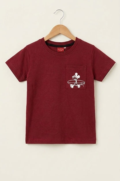 Mickey Mouse Printed on Pocket Maroon  Boys T-Shirt 113