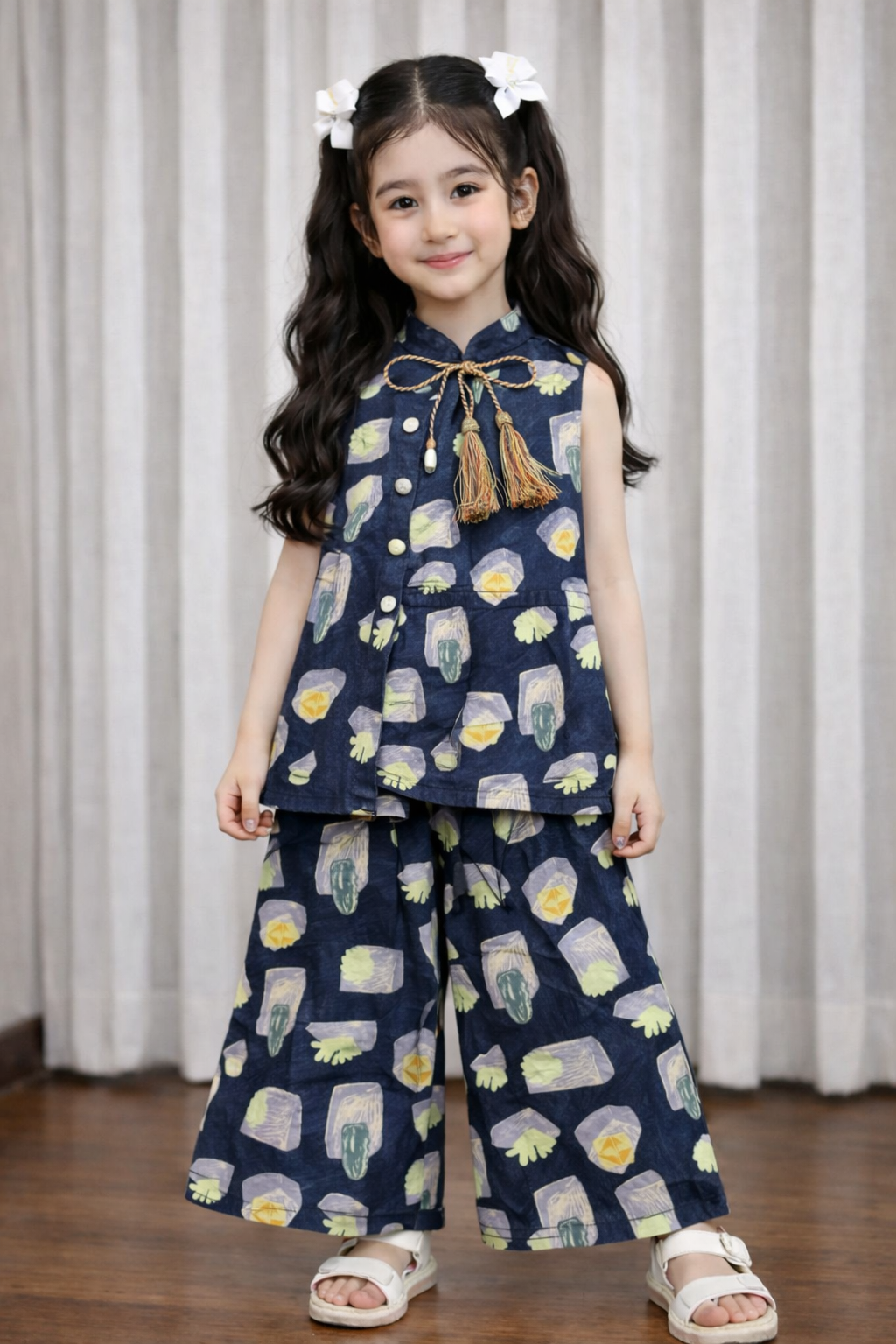 Navy blue printed cotton girls co-ord set with sleeveless tassel top and wide-leg pants, kids outfit Pakistan.

