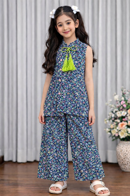 Navy floral cotton girls co-ord set with tassel top and wide-leg pants, indoor Pakistan
