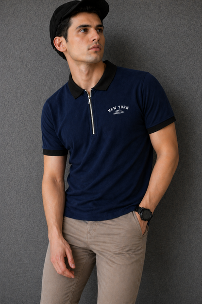 Midnight Navy Zipper Polo Combed  Terry (Black Collar)   538