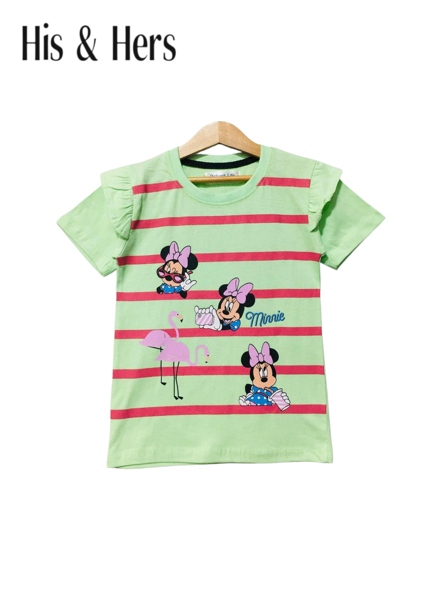 Beige girls striped t-shirt with Minnie Mouse and flamingo print, flutter sleeves and soft cotton fabric in Pakistan