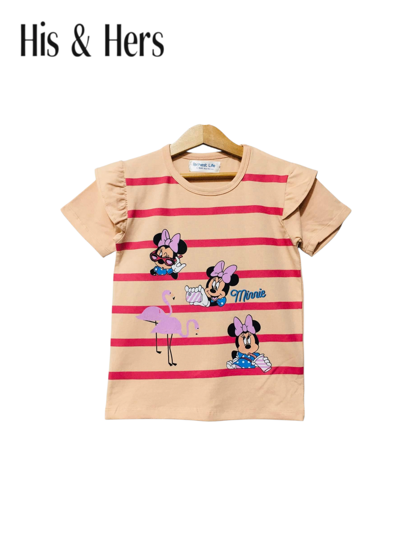 Beige girls striped t-shirt with Minnie Mouse and flamingo print, flutter sleeves and soft cotton fabric in Pakistan.
