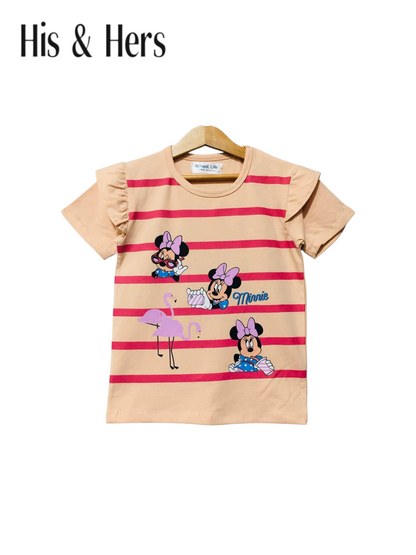 Beige girls striped t-shirt with Minnie Mouse and flamingo print, flutter sleeves and soft cotton fabric in Pakistan.
