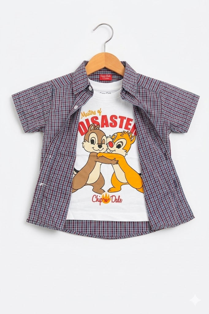 Multi-color Check Twin Squirrel Printed Layered Casual Shirt 215