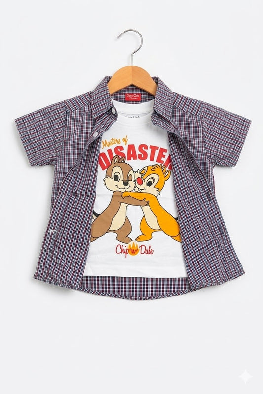 Multi-color Check Twin Squirrel Printed Layered Casual Shirt 215