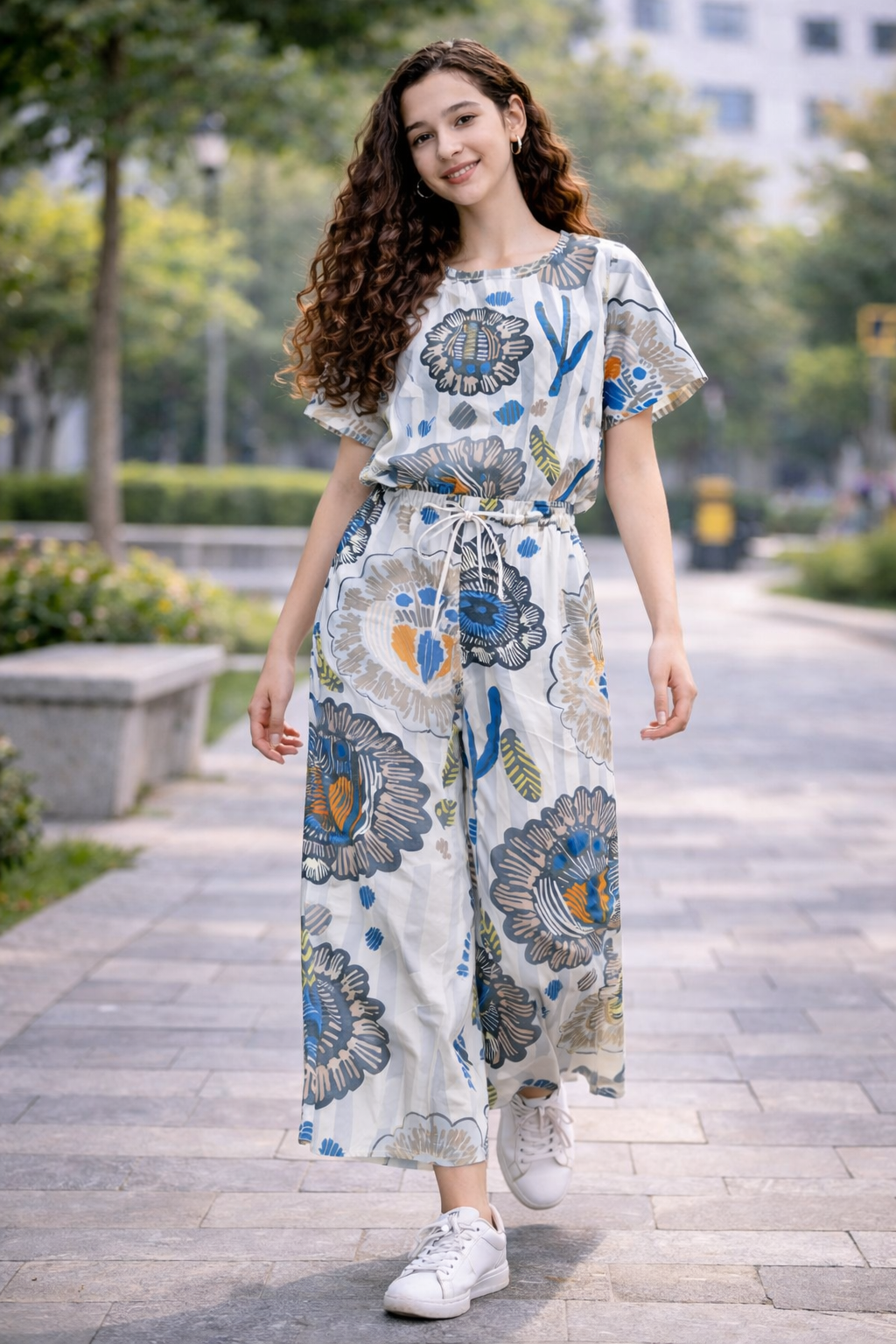 Grey floral cotton girls co-ord set with wide-leg pants outdoor.