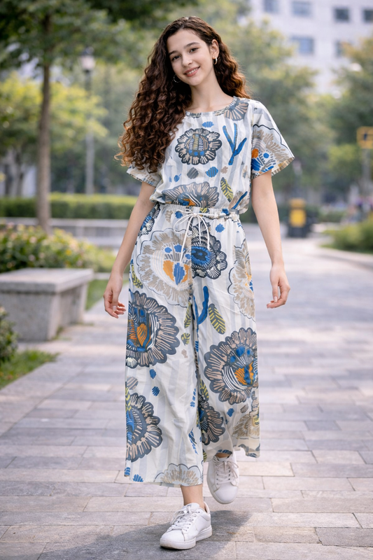Grey floral cotton girls co-ord set with wide-leg pants outdoor.