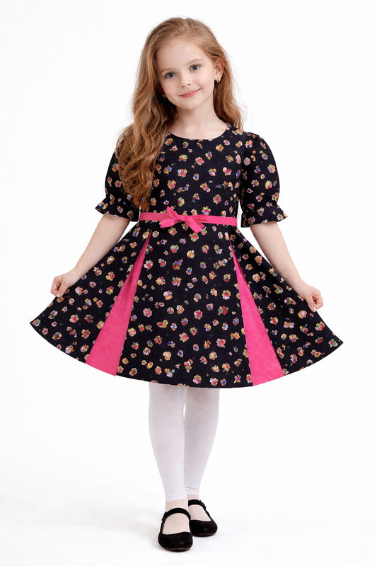 Multi-color  Fruits & tree Flower  Printed Black Girls Top 285