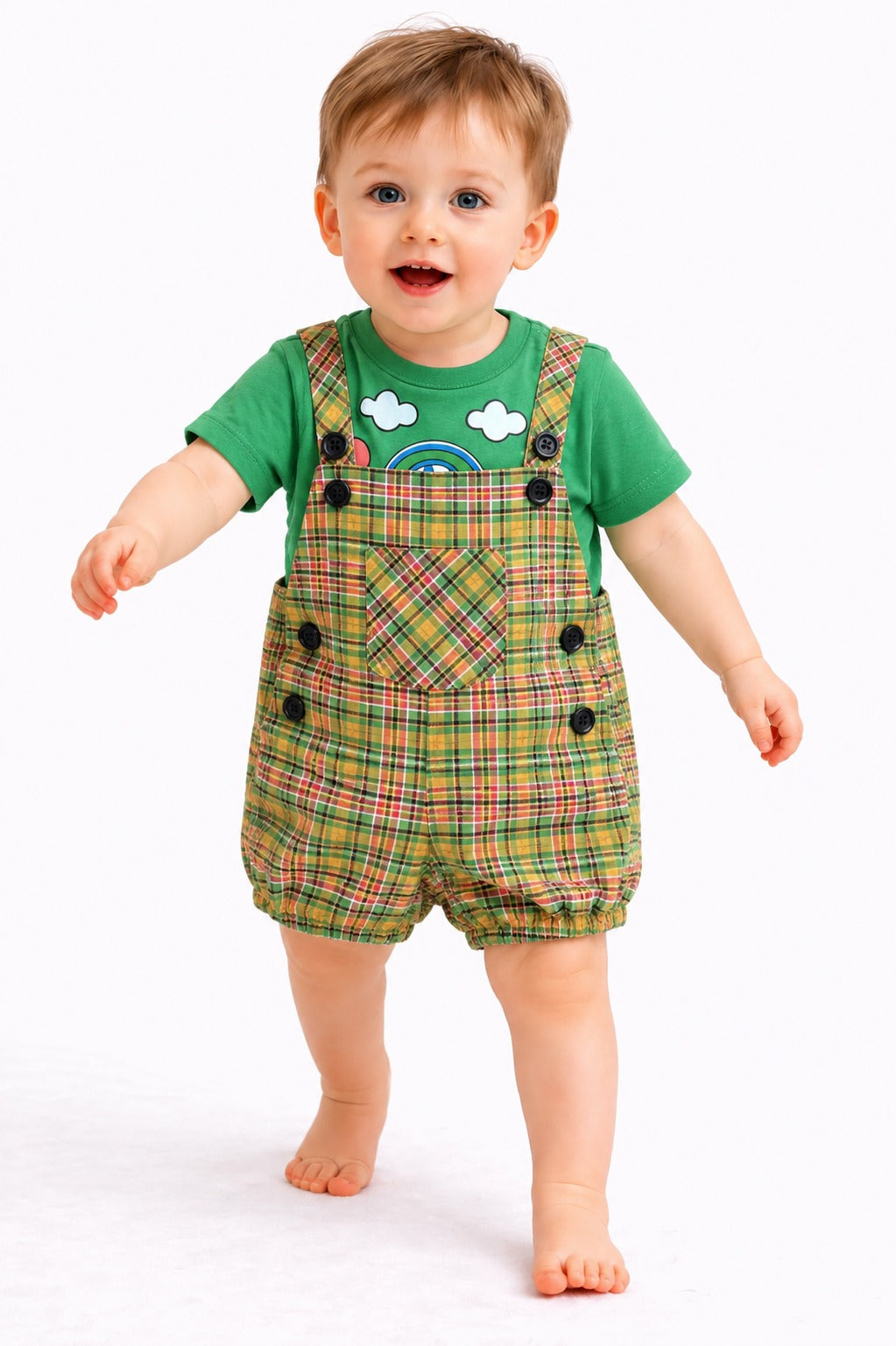 Multi Color  Checked  Green  Romper Set