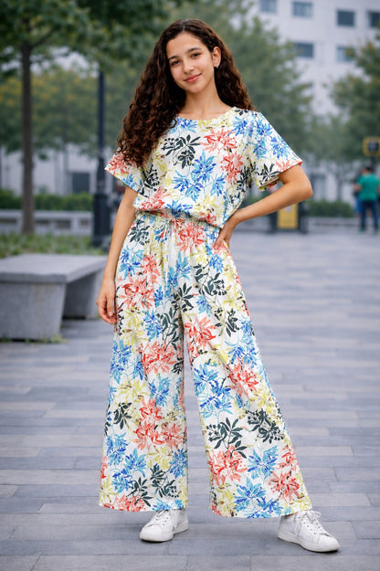Multi Color Flowers Printed Cotton Girls Co-Ord Set 720