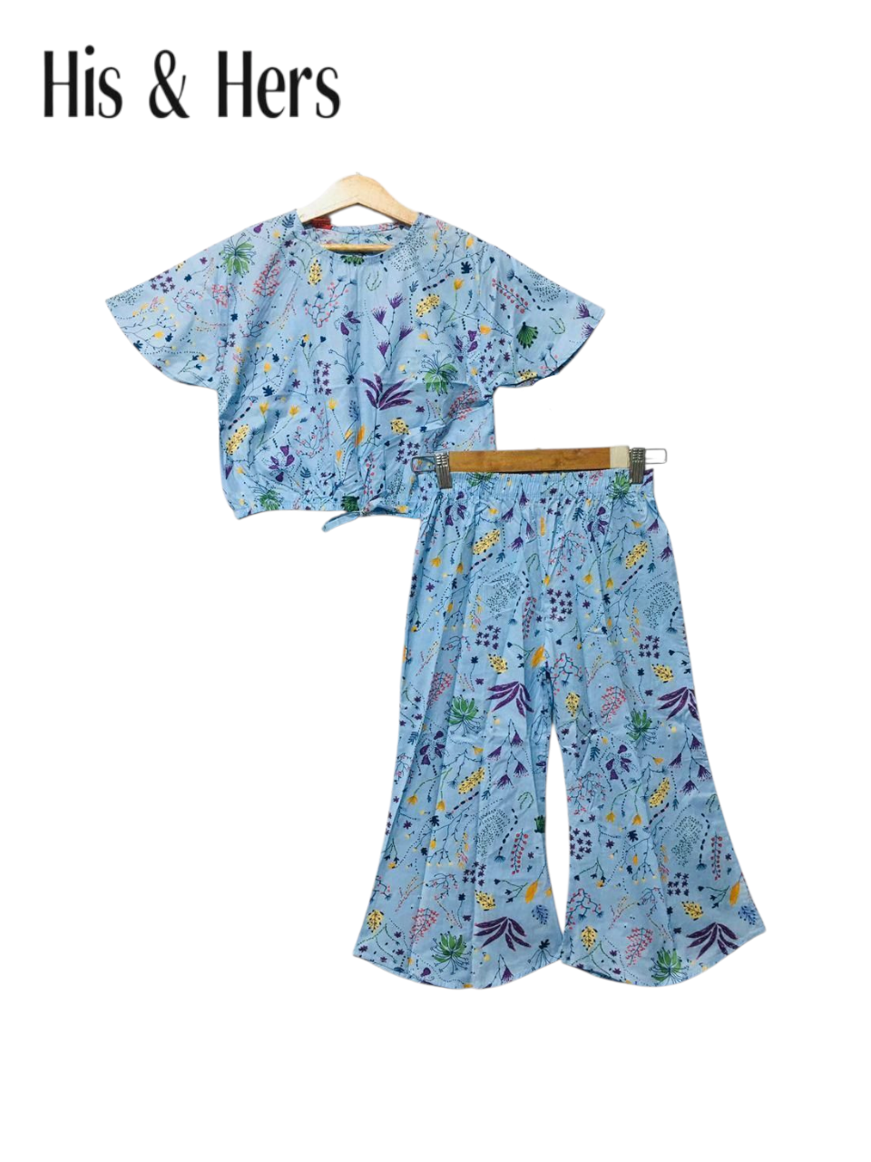 Multicolor Botanical Print Blue Cotton Girls Co-Ord Set 525