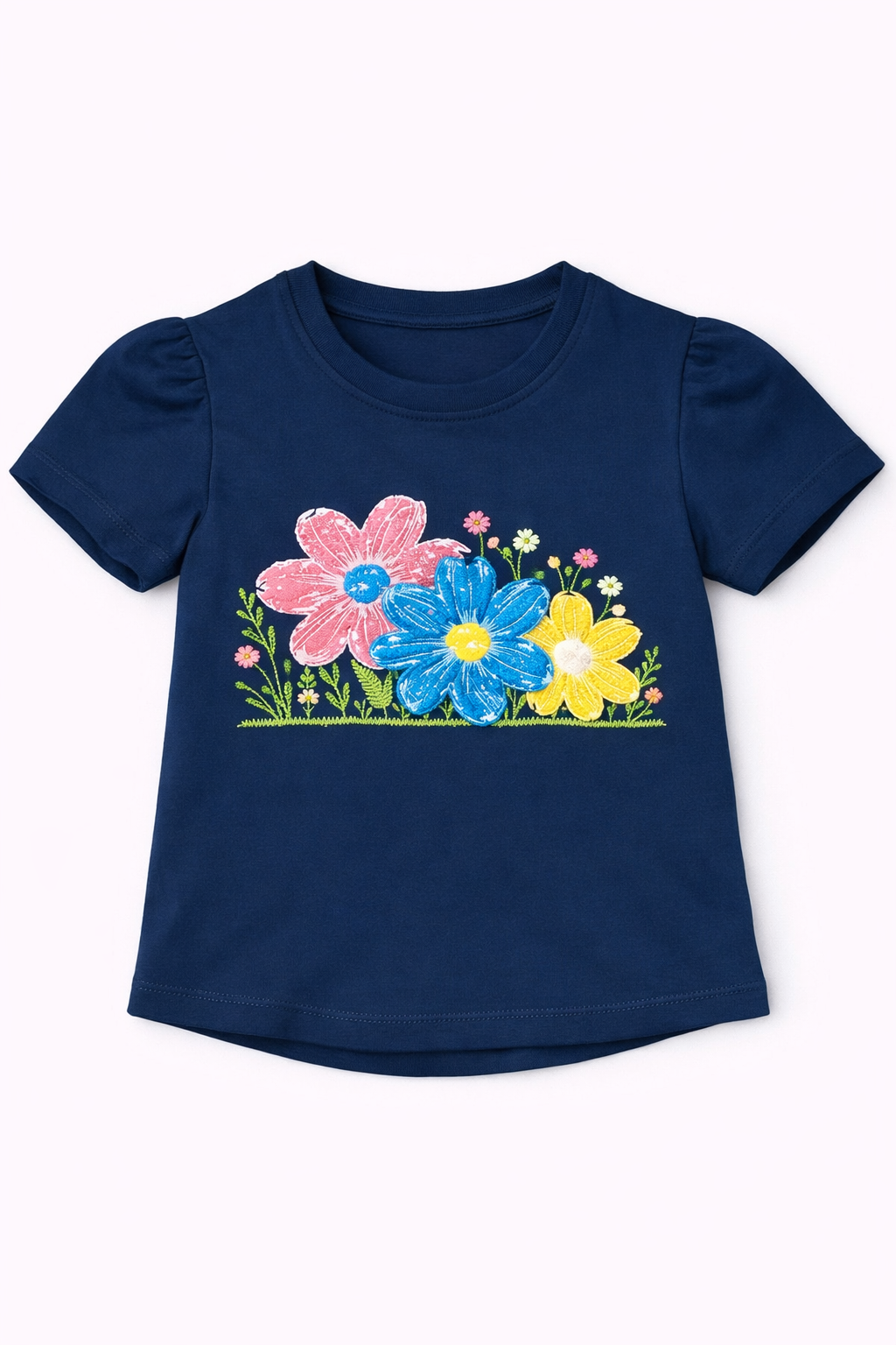 Navy blue girls puff sleeve t-shirt with colorful floral print design in Pakistan.
