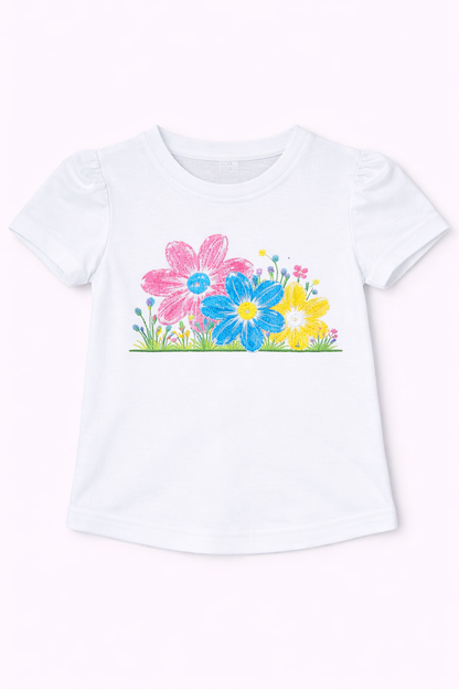White girls puff sleeve t-shirt with colorful floral graphic print in Pakistan.
