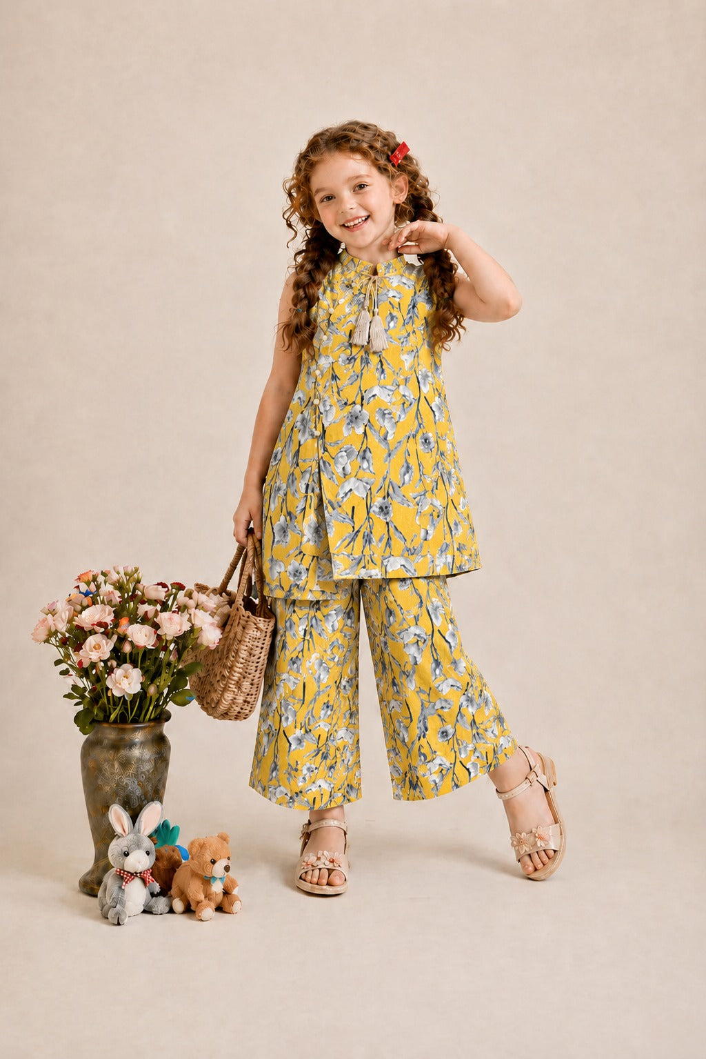 Yellow floral printed sleeveless girls co-ord set with wide leg pants, tassel neckline detail, and matching trousers Pakistan Outfit