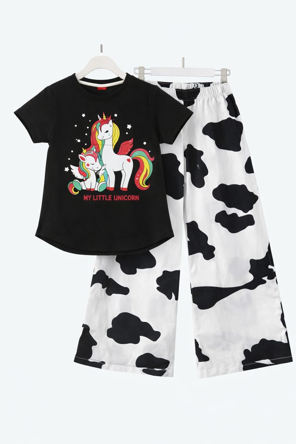 Girls black unicorn print t-shirt with black and white cow print wide-leg trousers co-ord set for kids, casual summer Pakistan  outfit 