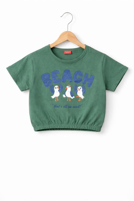 Girls smokey green cotton crop t-shirt with “Beach Club” birds graphic print, Pakistan casual short sleeve summer Kidswear 
