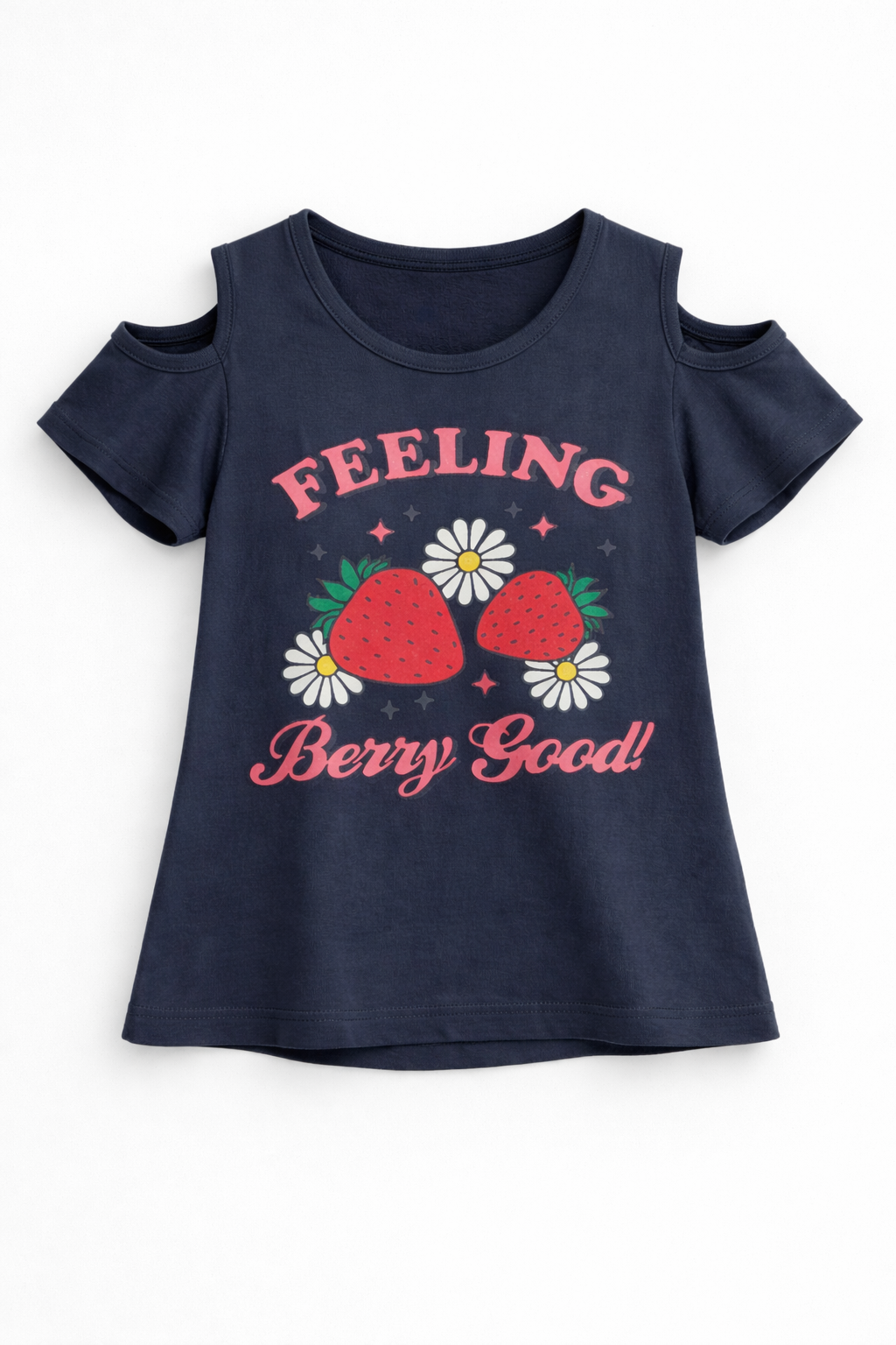 Navy blue girls cold shoulder t-shirt with strawberry print and “Feeling Berry Good” text design in Pakistan.
