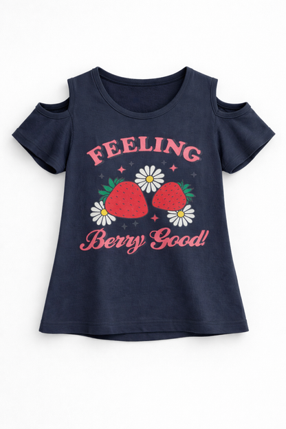 Navy blue girls cold shoulder t-shirt with strawberry print and “Feeling Berry Good” text design in Pakistan.
