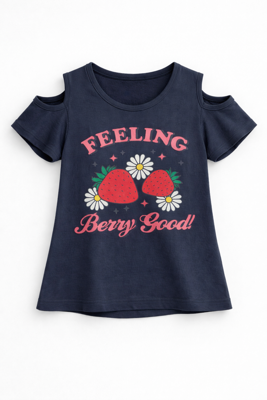 Navy blue girls cold shoulder t-shirt with strawberry print and “Feeling Berry Good” text design in Pakistan.
