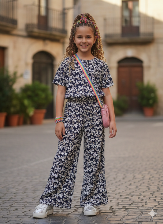 Navy blue floral cotton girls co-ord set with short sleeve top and wide-leg pants, Pakistan Outfits
