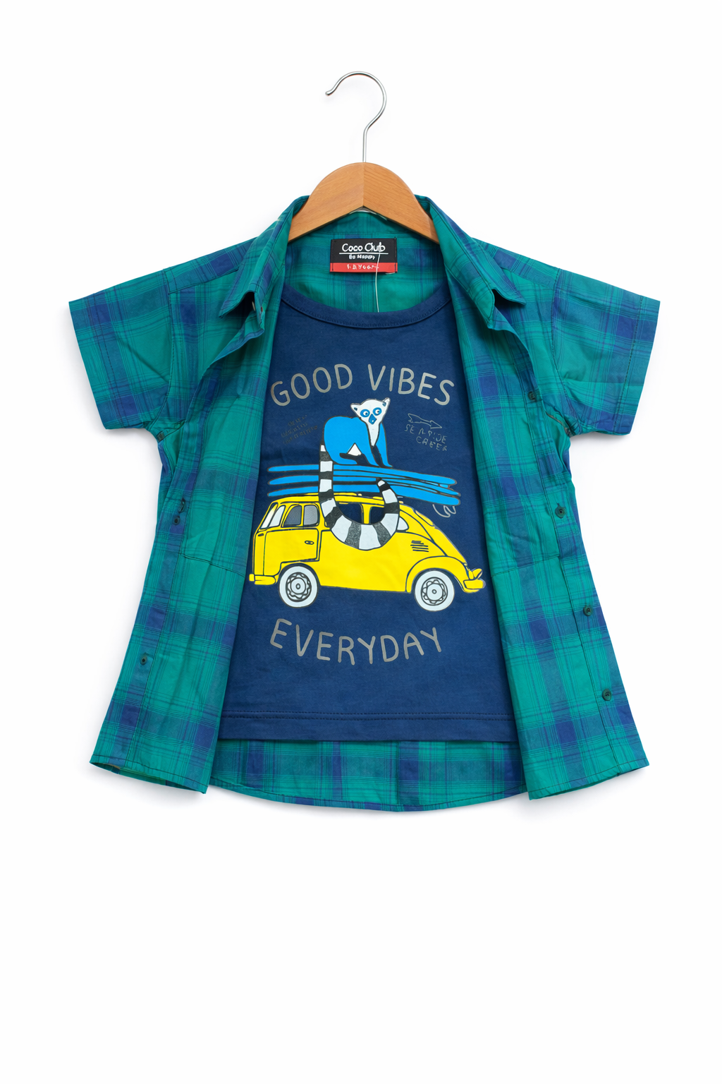 Navy Checked [Good Vibes Everyday] Printed Layered Casual Shirt 209