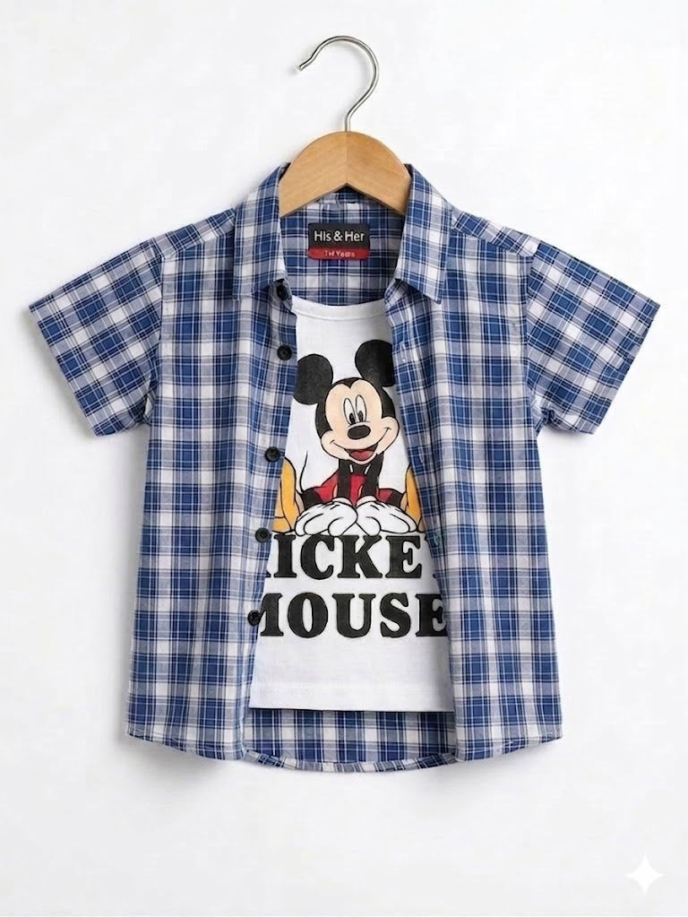 Navy Checked Mickey Mouse Printed Layered Casual Shirt 501
