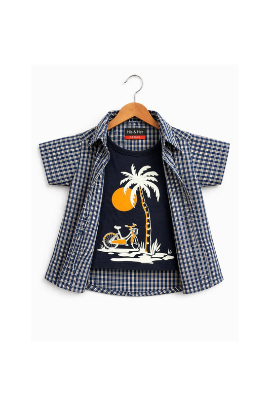 Navy Checked Sun Set Printed With Bike Printed Layered Casual Shirt 501