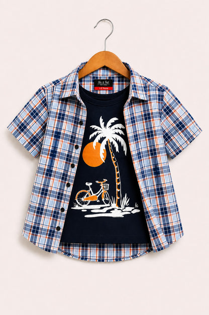 Navy Checked Sunset Palm Printed Layered Casual Shirt 627