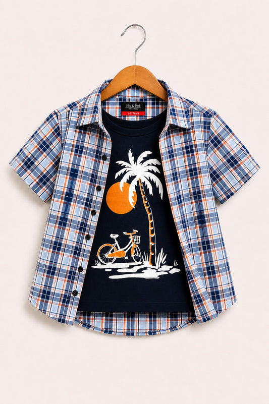 Navy Checked Sunset Palm Printed Layered Casual Shirt 627
