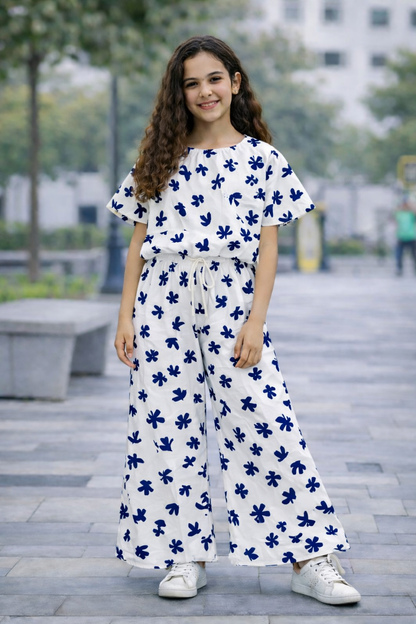 Girls white cotton co-ord set with navy floral print pants kids outfit Pakistan
