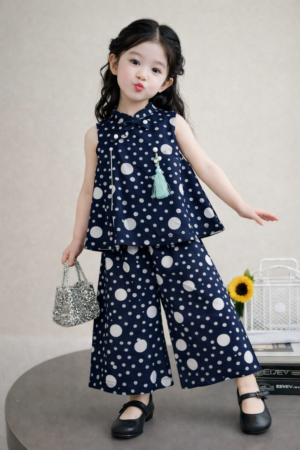 Navy blue polka dot printed cotton girls co-ord set with sleeveless tassel top and wide-leg pants, Pakistan kids Outfit
