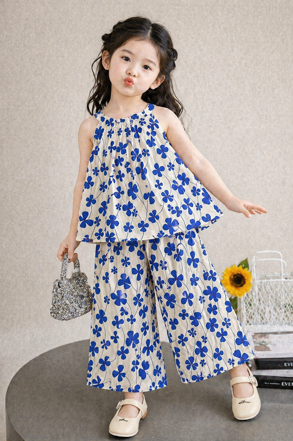 Girls beige blue floral cotton sleeveless top with pants kids outfit Pakistan
